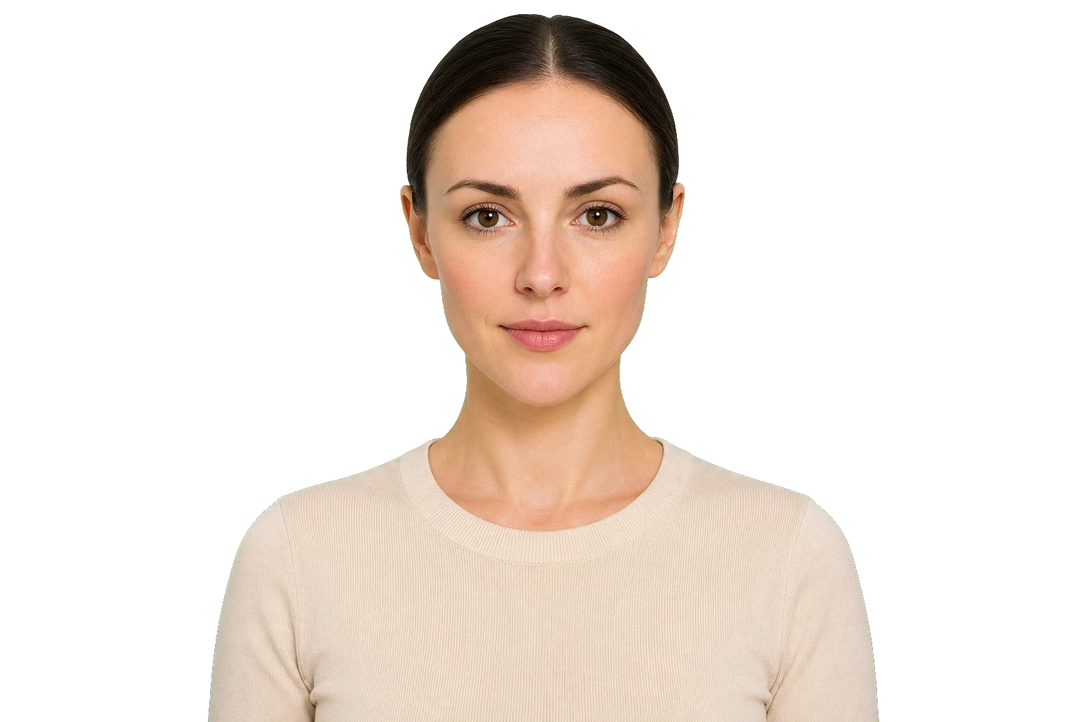Front-facing educational portrait showing wider upper face, tapering jawline, and narrower chin for heart face shape assessment