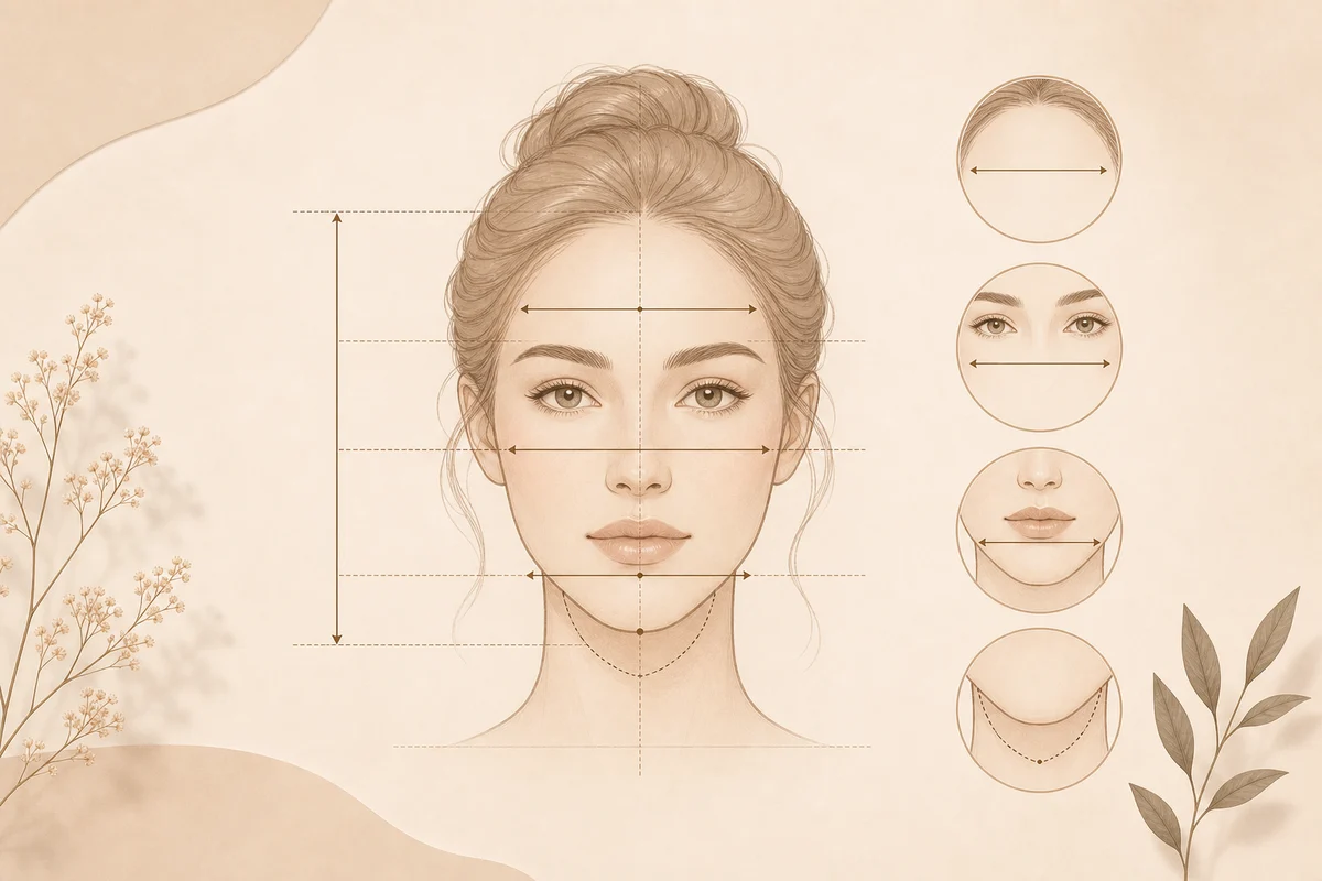 Face proportion guide showing facial length, forehead, cheekbone, jaw, and chin signals