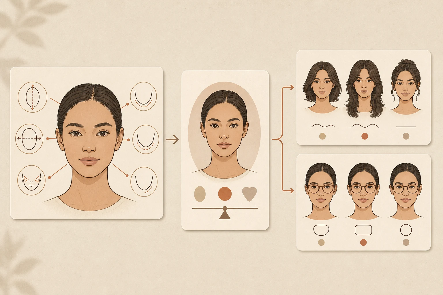 顔立ちの主な特徴が顔型プロフィールを通って髪型およびメガネの方向に移動する