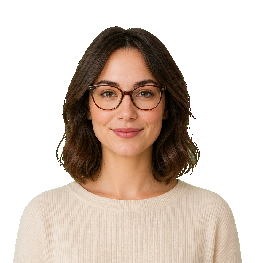 ダイヤモンド型顔向けのメガネ方向を示す画像: 女性
