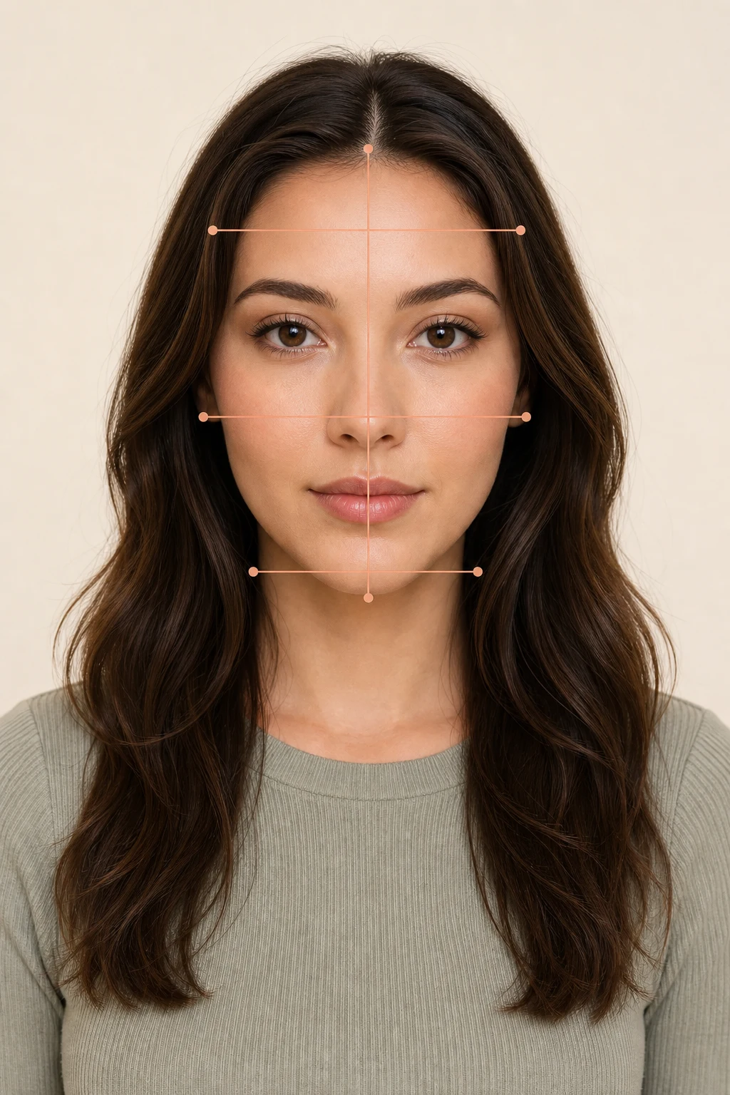 Front-facing portrait with measurement lines for forehead width, cheekbone width, jaw width, and face length