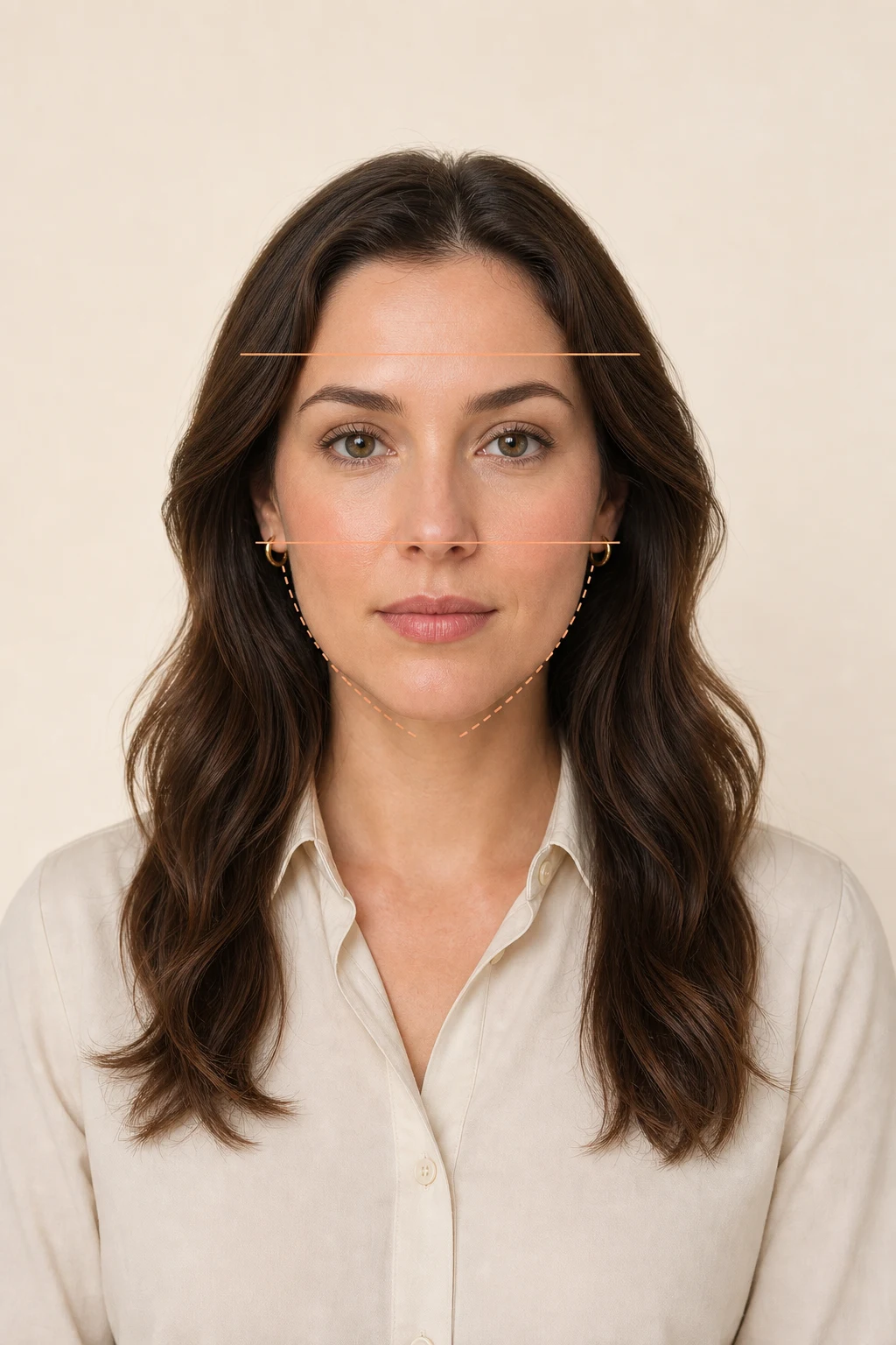 Annotated front-facing portrait with guide lines showing upper-face width and jaw taper for a heart face shape