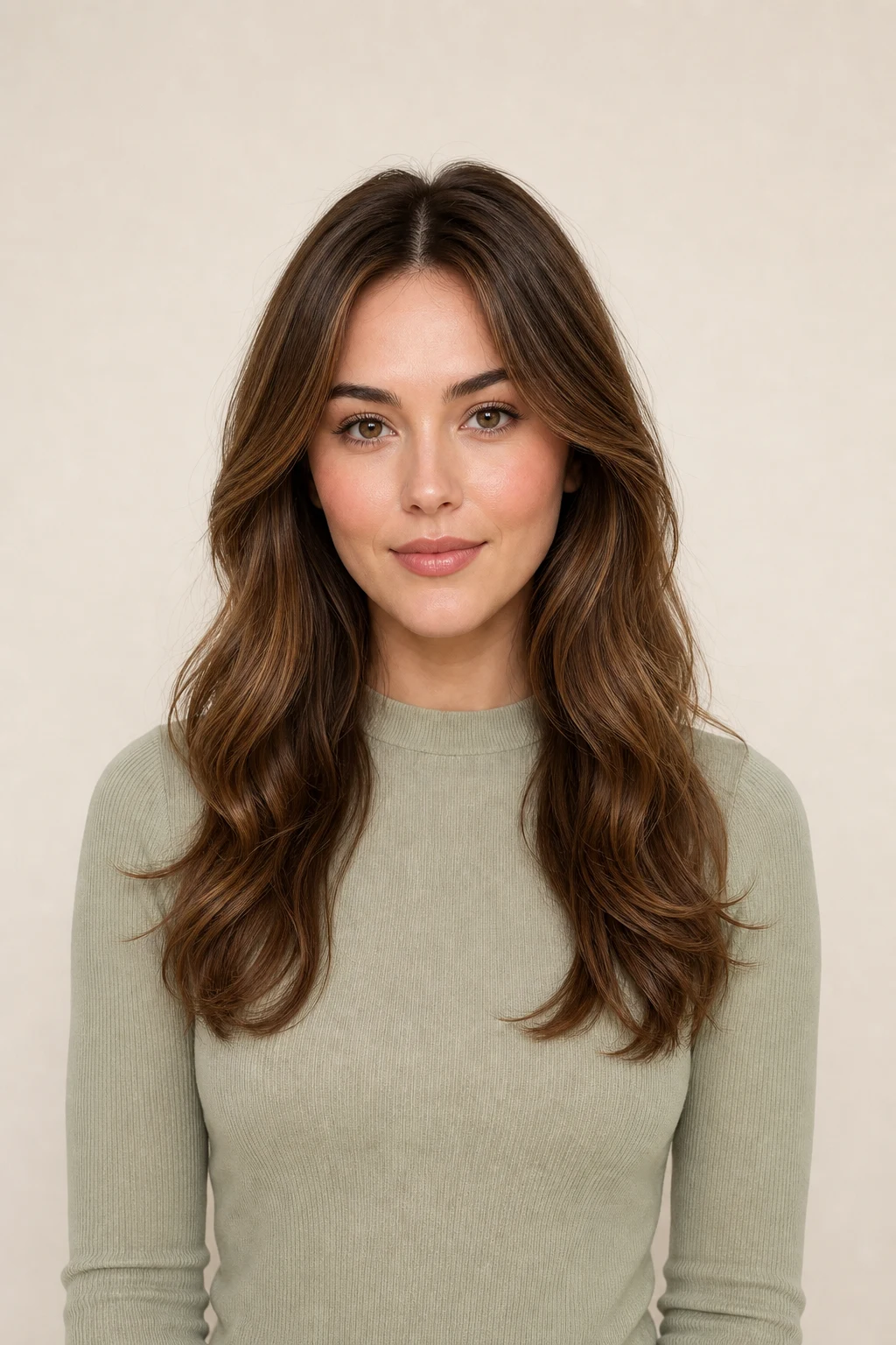 Makeup preview for a woman with a heart face shape using balanced blush and highlight