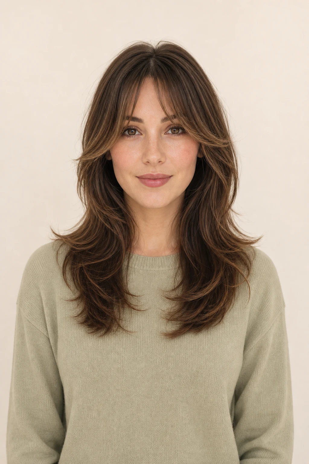 Women hairstyle preview for a heart face shape with soft fringe and cheek-to-jaw movement
