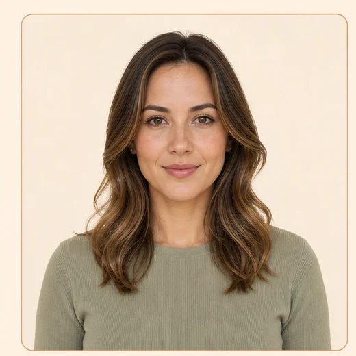 Soft Heart Face Shape: The upper face leads, but the chin and jaw finish softly rather than sharply.