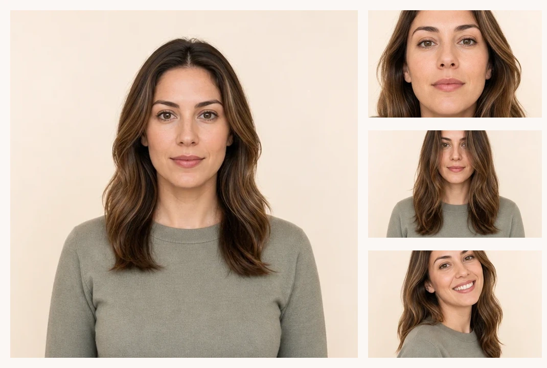 Four photo setup examples showing front view, close selfie distortion, head angle, and hair covering the jawline