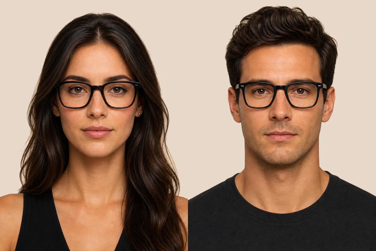 Brillenvorschau für Frauen und Männer mit tieferen Gläsern und ausgewogener Rahmenbreite für längliche Gesichtsformen