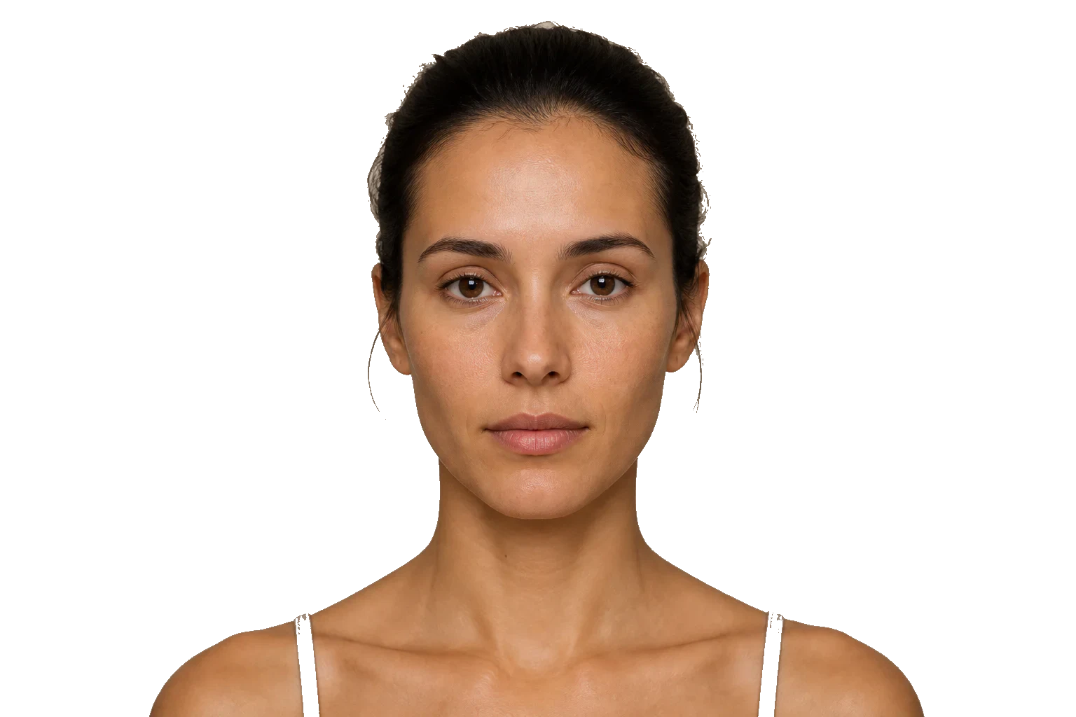 Frontal aufgenommenes Lernporträt mit sichtbarem Haaransatz, Schläfen, Wangenknochen, Kieferlinie und Kinn zur Beurteilung einer länglichen Gesichtsform