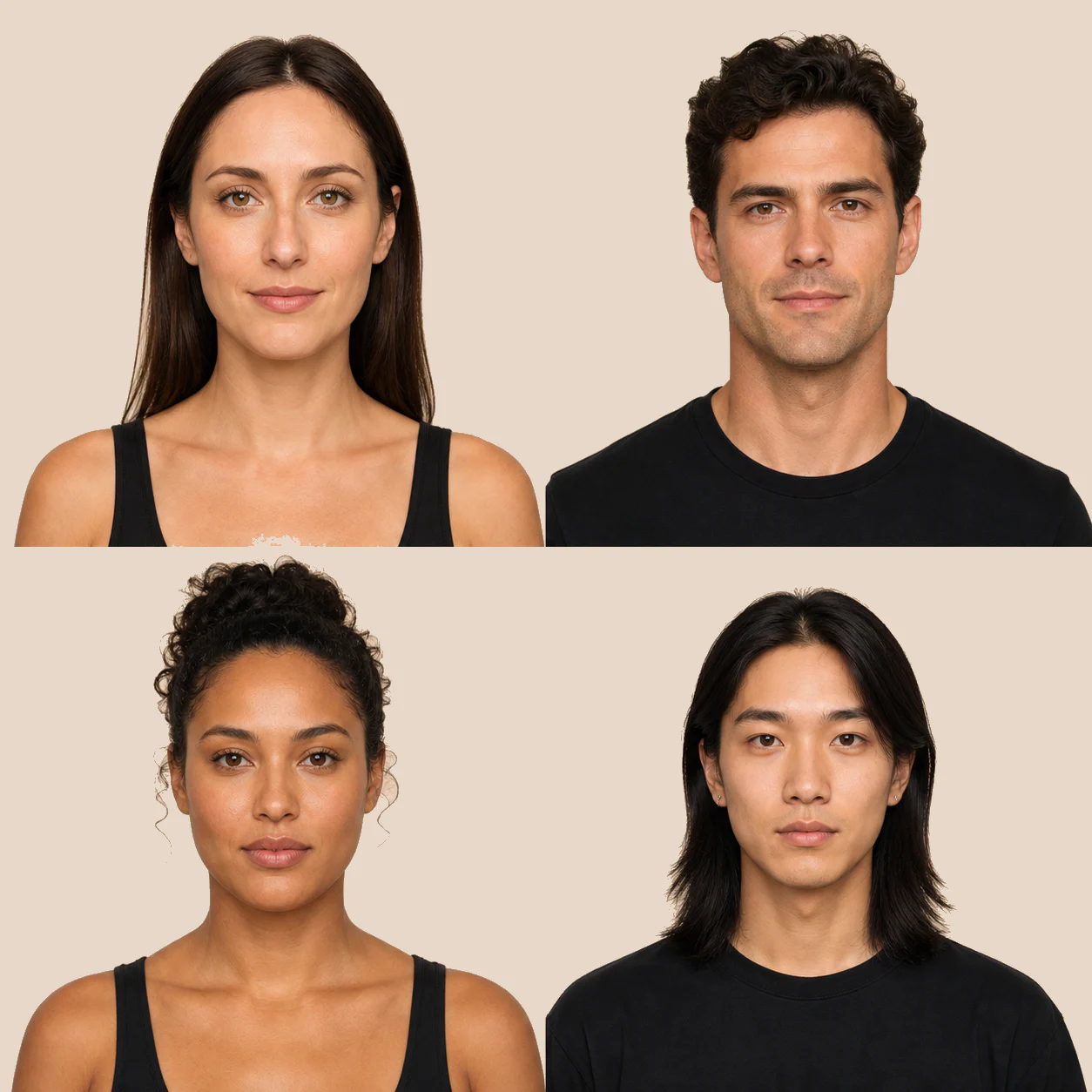 Galerie mit vier Varianten länglicher Gesichtsformen mit unterschiedlicher Kieferweichheit und Gesamtbreite