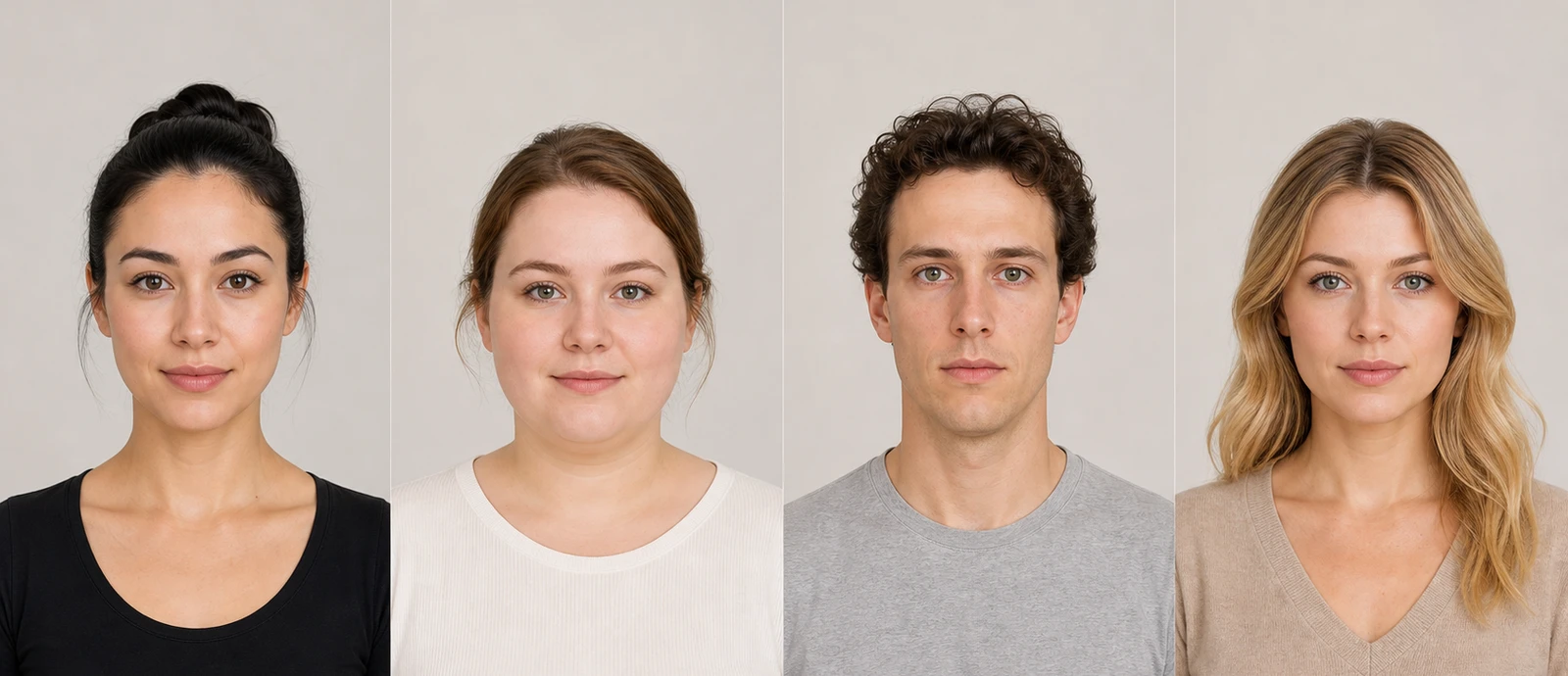 Side-by-side portraits comparing oval, round, and oblong face shape proportions