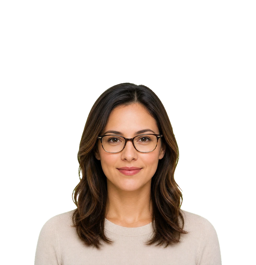卵型顔向けのメガネ方向を示す画像: 女性