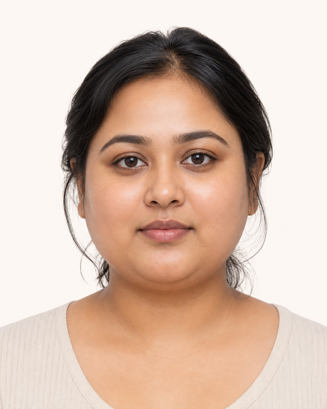 Round face shape example portraits showing soft, compact, wider, and fuller-cheek variations: Fuller-cheek round face shape