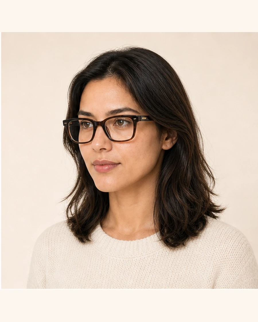 Close front portrait showing eye alignment inside angular rectangle eyeglasses