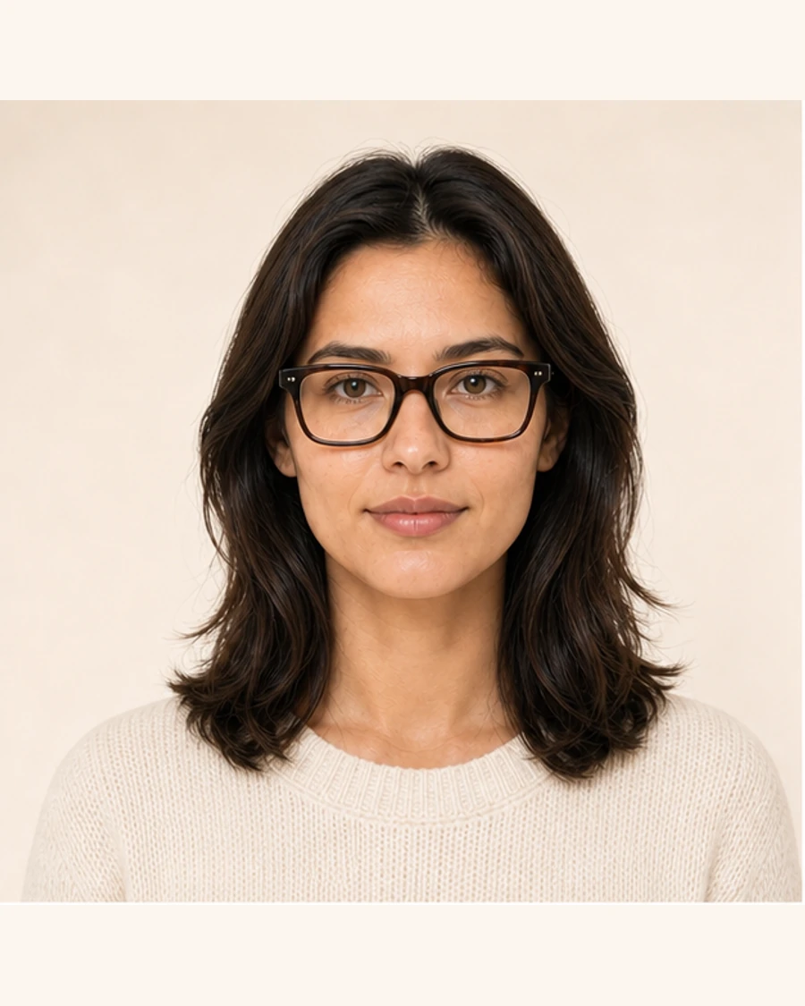 Front portrait showing angular rectangle eyeglasses fitted on the face