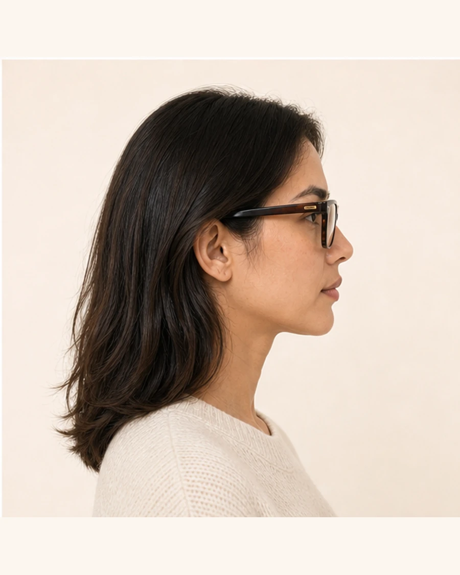 Side portrait showing temple alignment on angular rectangle eyeglasses