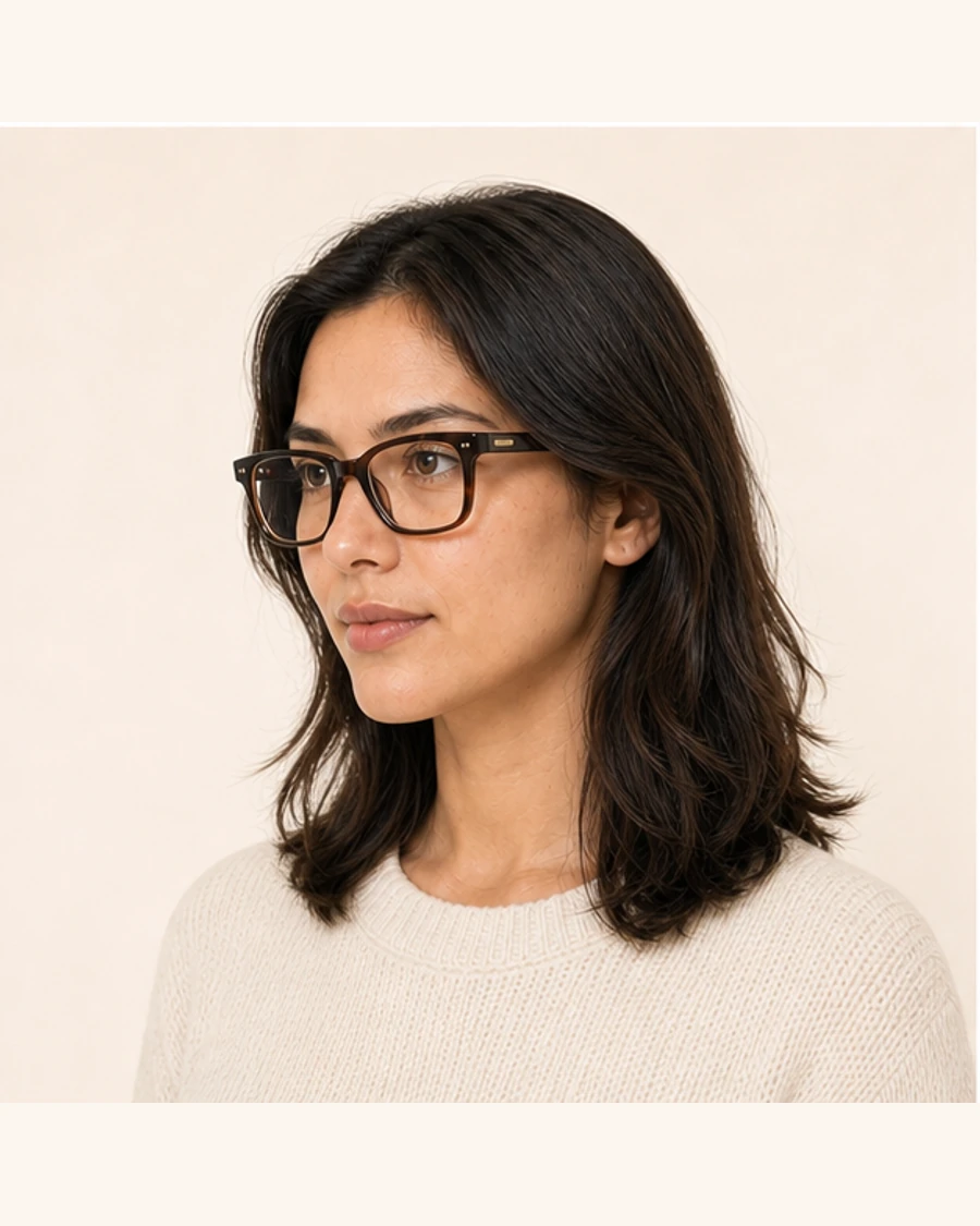 Three-quarter portrait showing angular rectangle eyeglasses and bridge fit