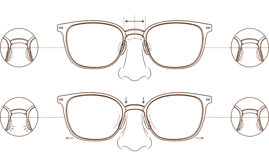 Line art showing eyeglass bridge fit around the nose