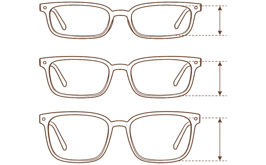 Line art comparing tall and shallow eyeglass lens depth