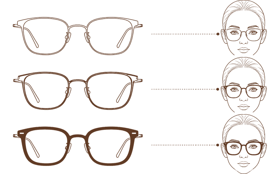Line art comparing heavy acetate and lightweight metal eyeglass frames