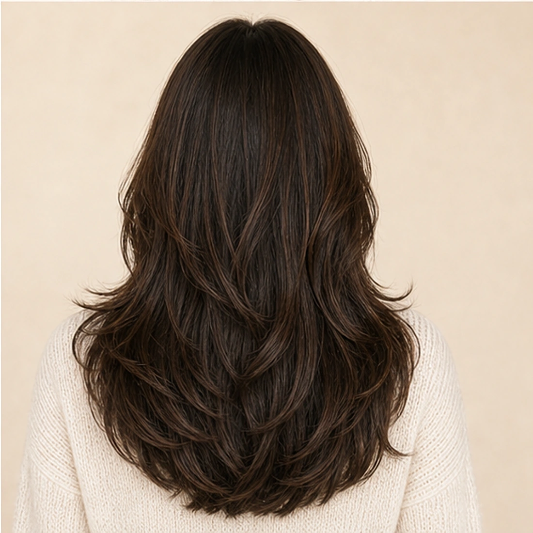 Back view showing long layered hair shape and texture