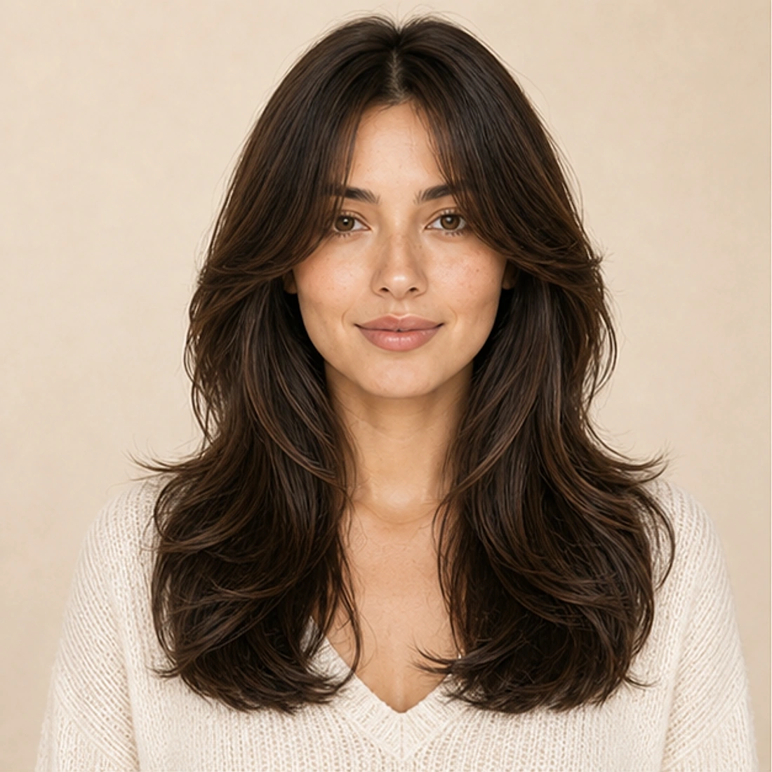Three-quarter portrait showing curtain fringe and face-framing layers