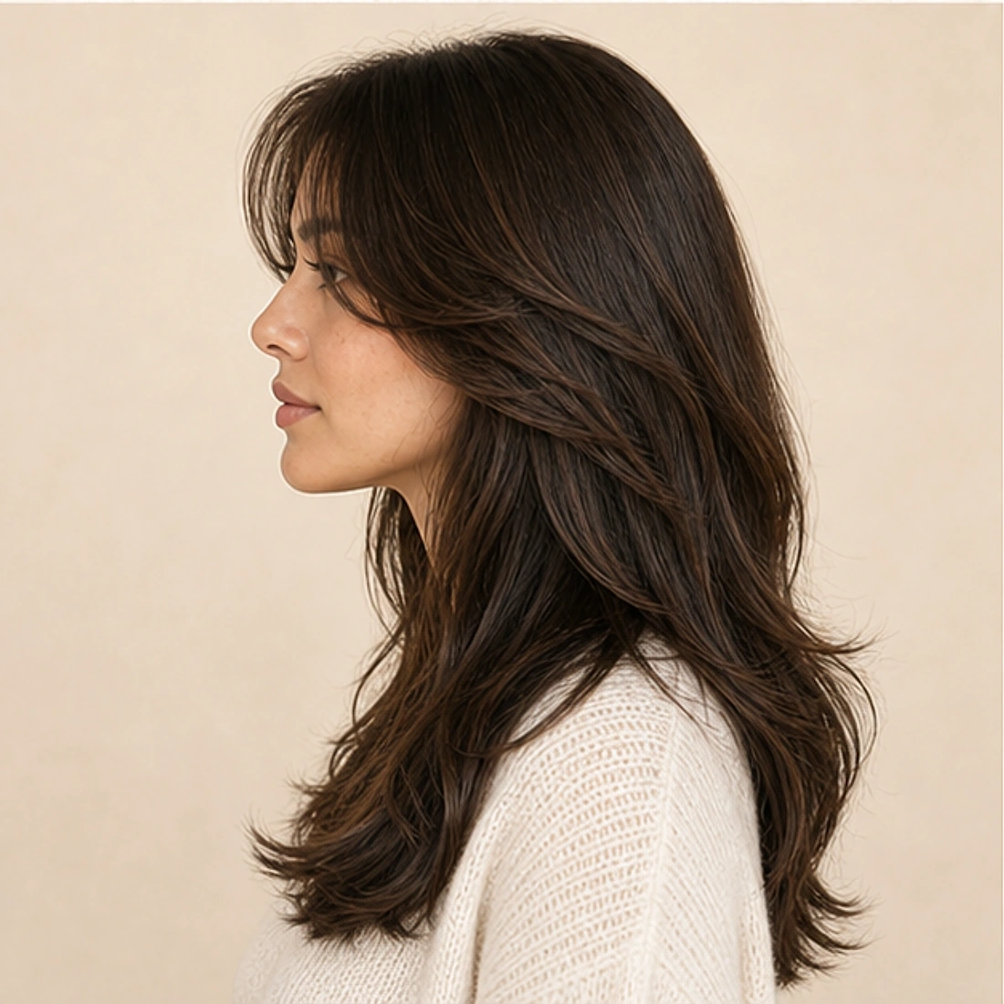 Side portrait showing layered movement and side volume