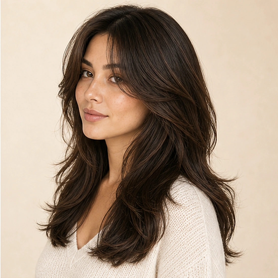 Three-quarter portrait showing curtain fringe, layered volume, and flow