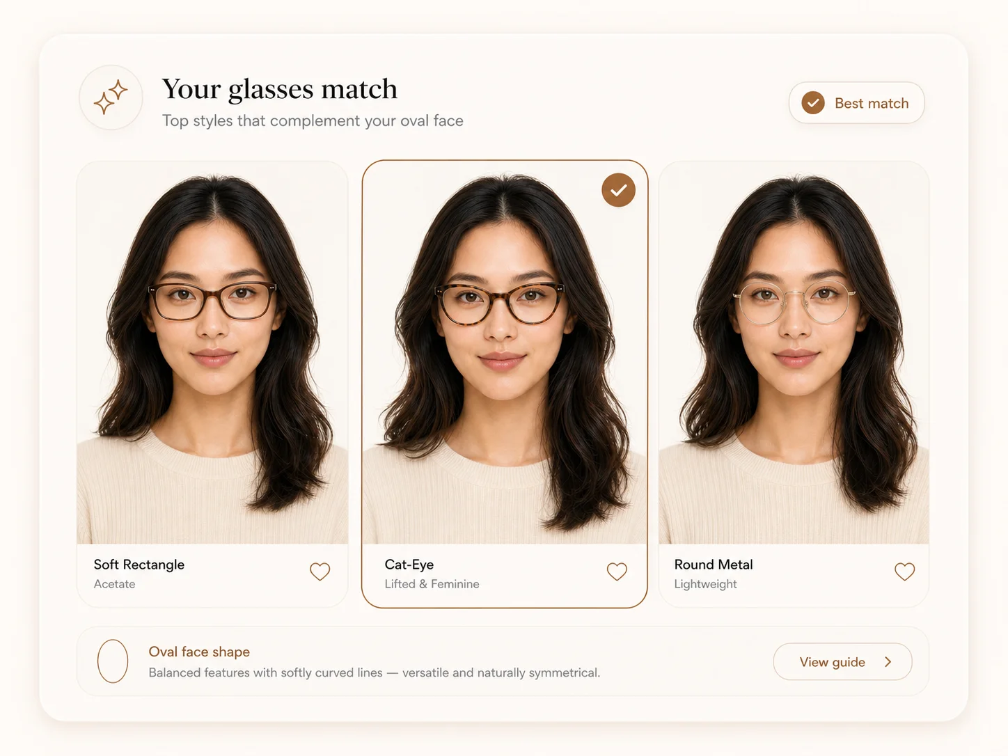 Glasses match card with three different try-on frame styles